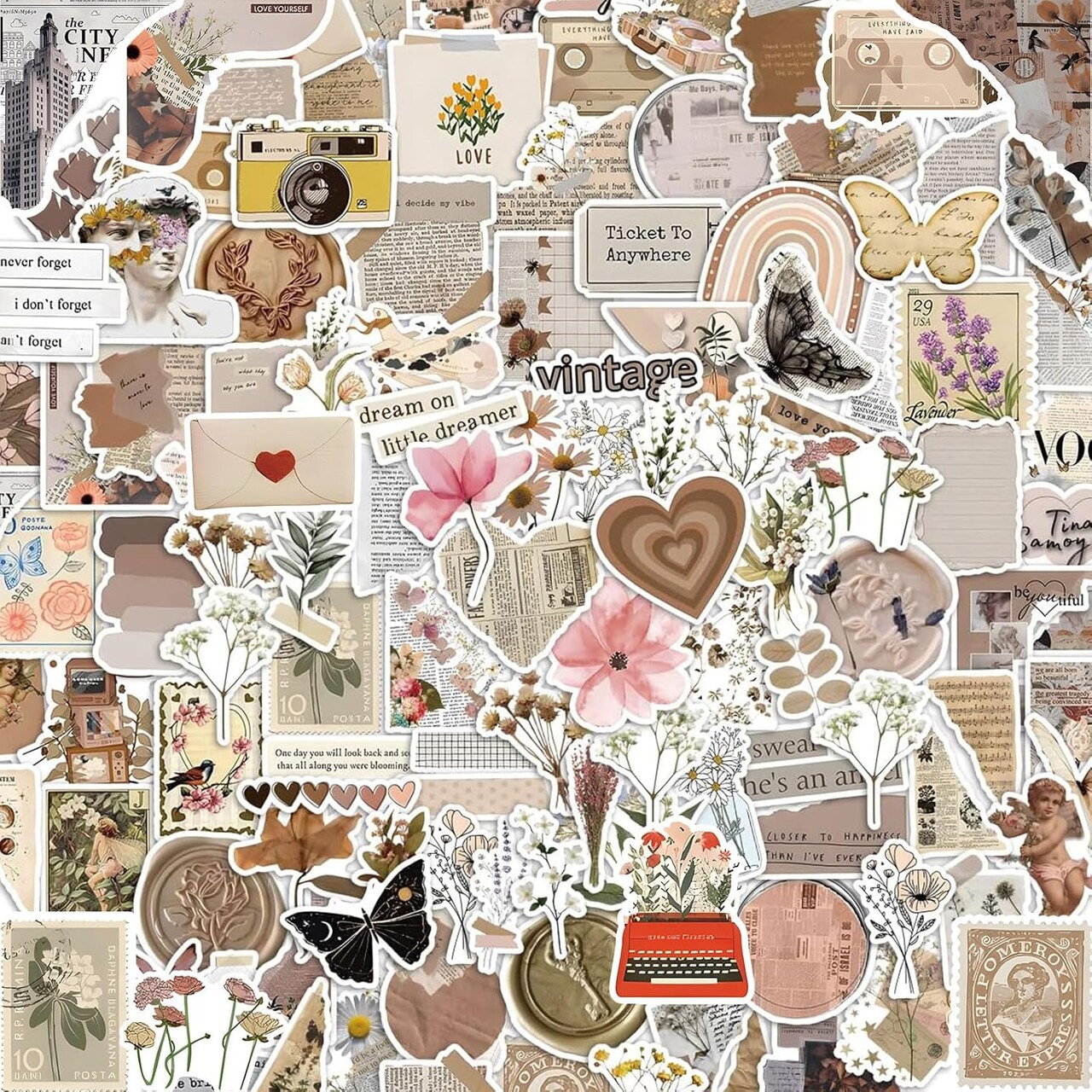120Pcs Mixed Vintage Stickers, Waterproof Scrapbook Aesthetic Sticker